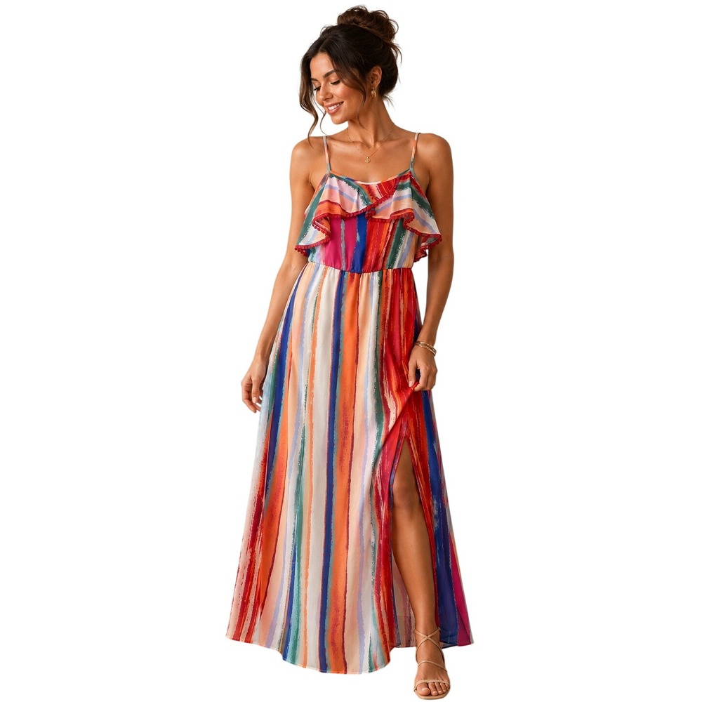 🌺 Candie's Tropical Sunset Striped Maxi Dress Womens Size Large